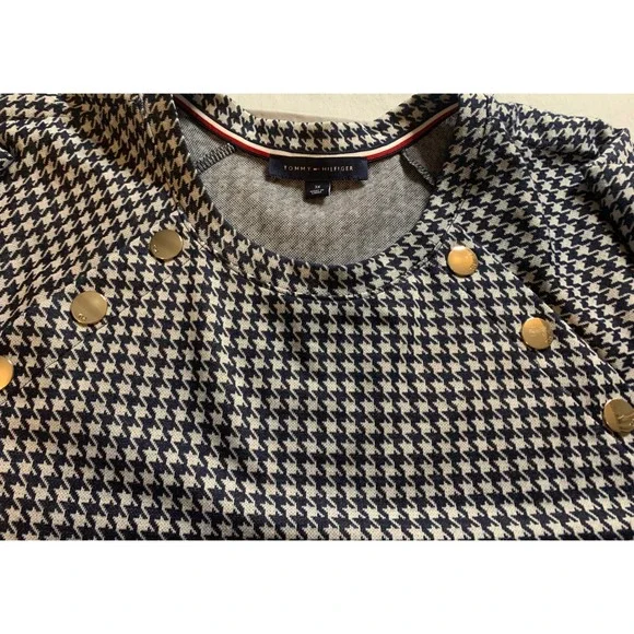 Tommy Hilfiger Houndstooth Dress 3X Gold Buttons 3/4 Sleeve A-Line Navy White - Picture 6 of 8
